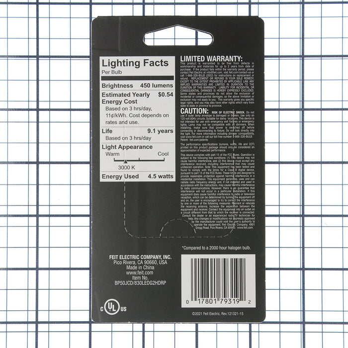 Feit Electric 4.5W [50W Equivalent] Bright White 3000K GY6.35 Base T4 Dimmable Specialty LED Light Bulb (BP50JCD/830LEDG2HDRP)