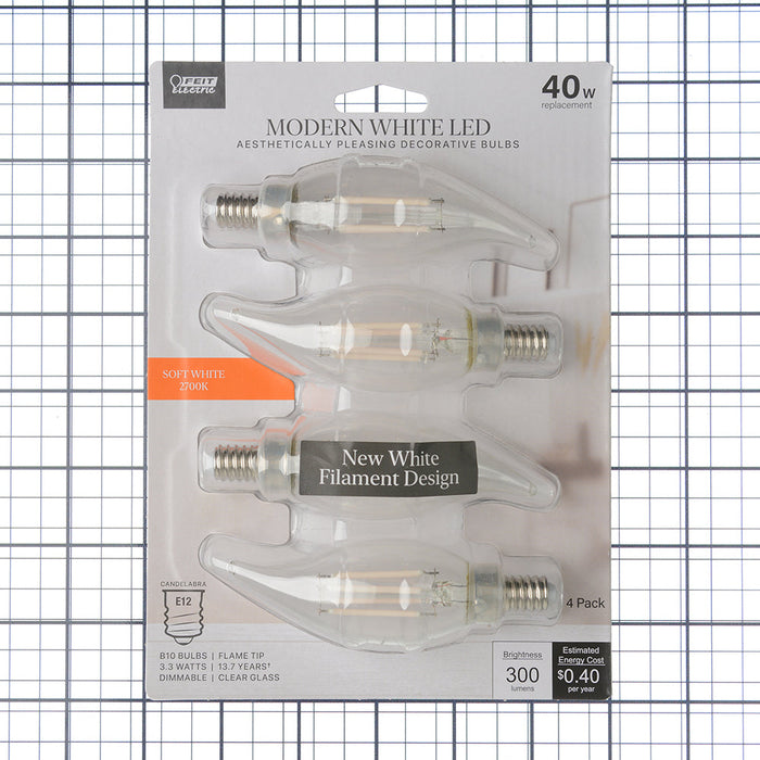 Feit Electric 3.3W [40W Equivalent] Soft White 2700K E12 Base BA10 Flame Tip Exposed White Filament LED Bulb 4-Pack (BPCFC40927CA/WFIL/4)