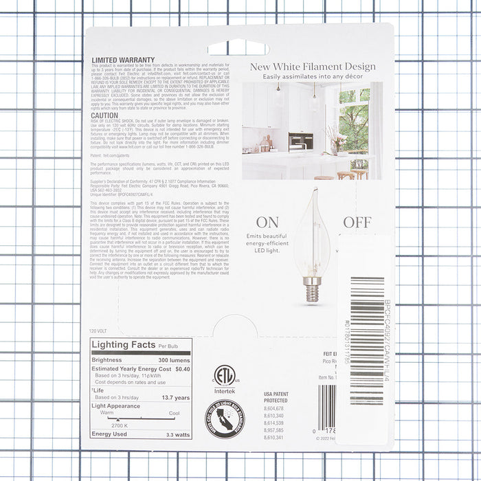 Feit Electric 3.3W [40W Equivalent] Soft White 2700K E12 Base BA10 Flame Tip Exposed White Filament LED Bulb 4-Pack (BPCFC40927CA/WFIL/4)