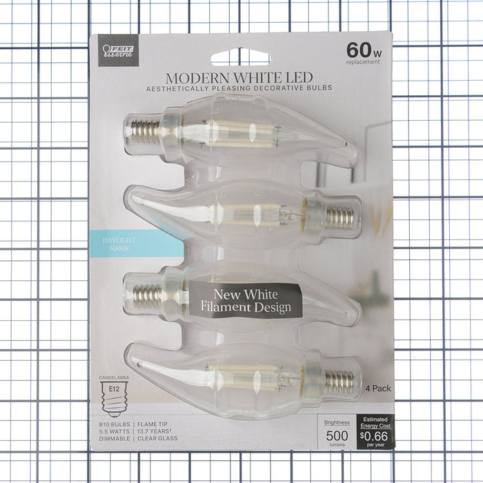 Feit Electric 5.5W [60W Equivalent] Daylight 5000K B10 Candelabra E12 Base Dimmable Flame Tip Exposed White Filament Chandelier LED Bulb 4-Pack (BPCFC60950CAWFIL/4)
