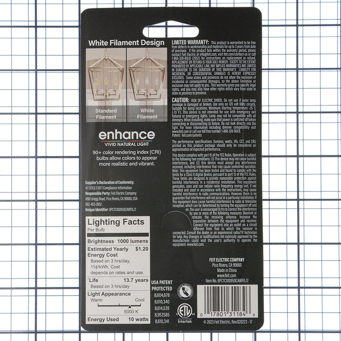 Feit Electric 10W [100W Equivalent] Daylight 5000K B10 E12 Base Torpedo Tip LED Exposed White Filament Bulb 2-Pack (BPCTC100950CAWFIL/2)
