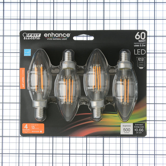 Feit Electric 5.5W [60W Equivalent] Soft White 2700K E12 Base B10 Clear Blunt Tip Filament LED Bulb 4-Pack (BPCTC60927CAFIL/4)