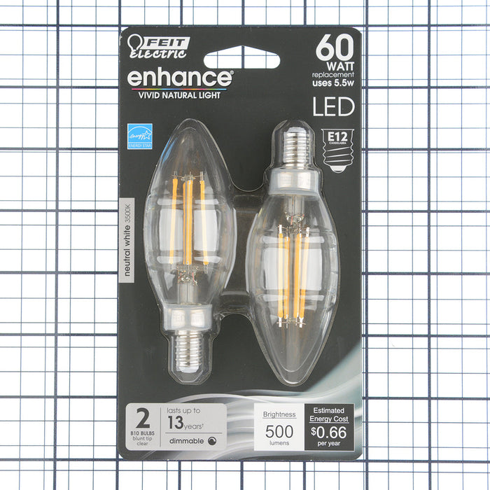 Feit Electric 5.5W [60W Equivalent] Neutral White 3500K E12 Base B10 Dimmable Glass Filament LED Bulb 2-Pack (BPCTC60935CA/FIL2)