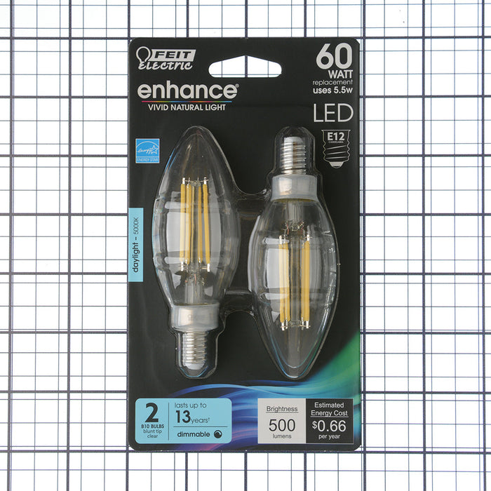 Feit Electric 5.5W [60W Equivalent] Daylight 5000K E12 Base B10 Blunt Tip Enhance Filament LED 2-Pack (BPCTC60950CAFIL/2/RP)
