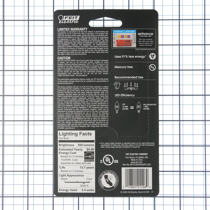 Feit Electric 5.5W [60W Equivalent] Daylight 5000K E12 Base B10 Blunt Tip Enhance Filament LED 2-Pack (BPCTC60950CAFIL/2/RP)