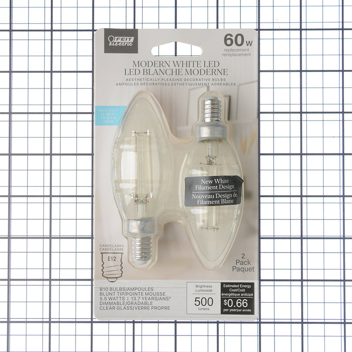 Feit Electric 5.5W [60W Equivalent] Daylight 5000K Chandelier B10 E12 Base Torpedo Tip White Filament Light Bulb 2-Pack (BPCTC60950CAWFIL/2)