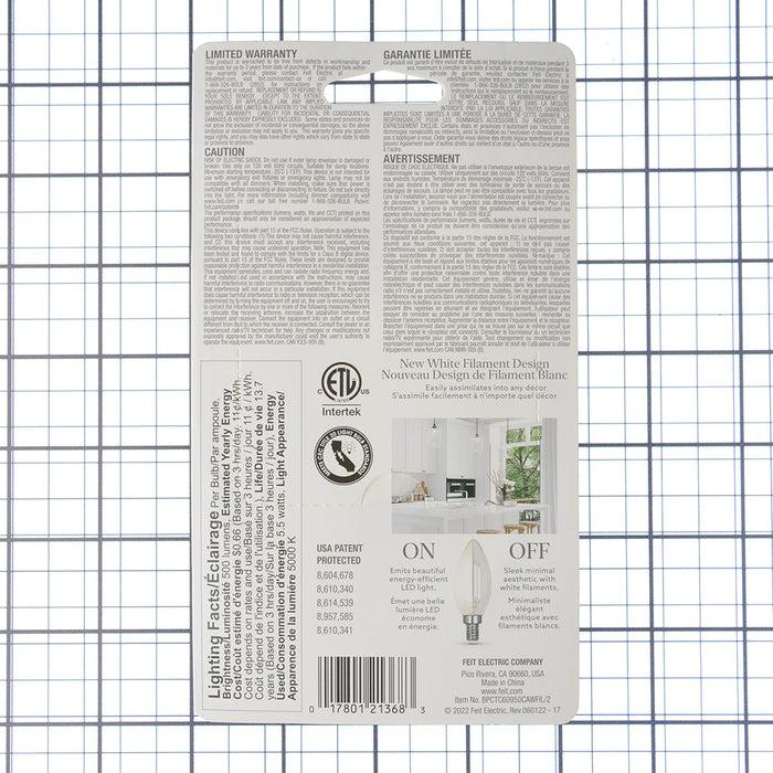 Feit Electric 5.5W [60W Equivalent] Daylight 5000K Chandelier B10 E12 Base Torpedo Tip White Filament Light Bulb 2-Pack (BPCTC60950CAWFIL/2)