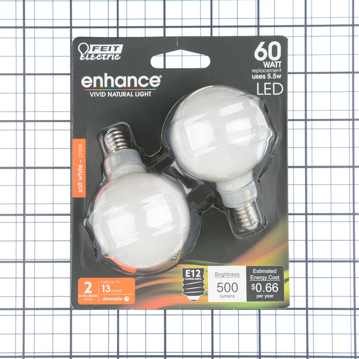 Feit Electric 5.5W Soft White 2700K G16.5 E12 Base Frost Filament LED Bulb 2-Pack (BPG1660W927CAFIL2)
