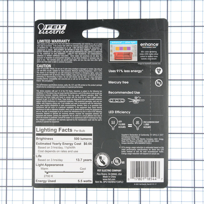 Feit Electric 5.5W Soft White 2700K G16.5 E12 Base Frost Filament LED Bulb 2-Pack (BPG1660W927CAFIL2)