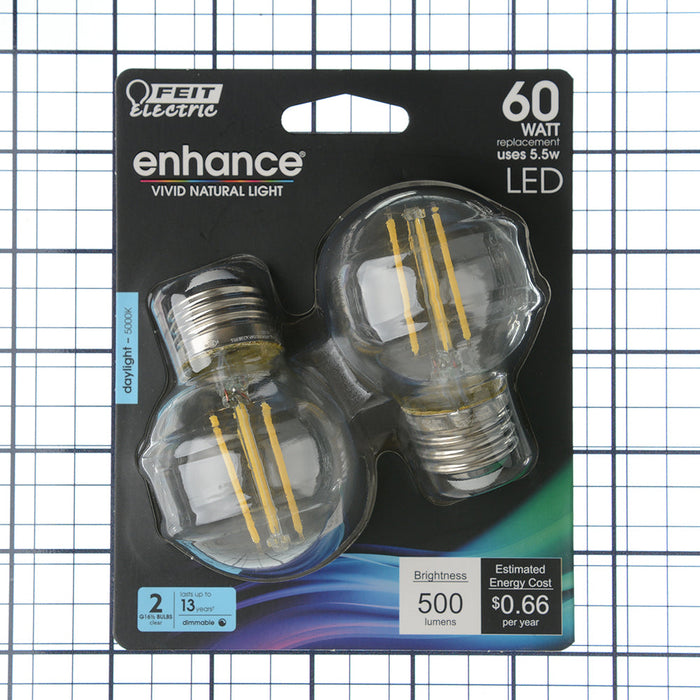 Feit Electric 5.5W [60W Equivalent] Daylight 5000K G16.5 E26 Base Filament LED Bulb 2-Pack (BPGM60950CA/FIL/2)