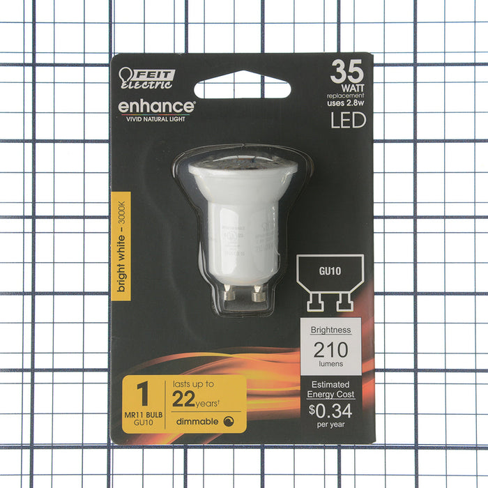 Feit Electric 2.8W [35W Equivalent] Bright White 3000K MR11 GU10 Base Bi-Pin Base Enhance LED Bulb (BPMR11GU300930CAHDRP)