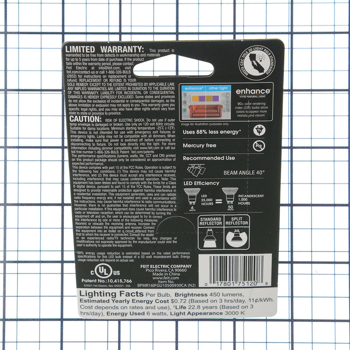 Feit Electric [50W Equivalent] Bright White MR16 GU10 Base Dimmable LED Enhance Mini Split Reflector Bulb (BPMR16IFGU10500930CA)