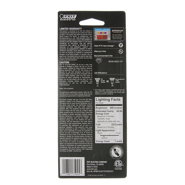 Feit Electric 7W [75W Equivalent] Bright White 3000K GU10 Base MR16 Replacement Dimmable LED Flood Reflector Light Bulb 3-Pack (BPMR16/GU1075930CA/3)