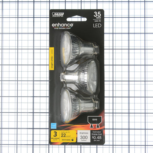 Feit Electric 4W [35W Equivalent] Bright White 3000K GU10 Base MR16 Dimmable Enhance Reflector LED Bulb 3-Pack (BPMR16/GU10/930CA/3)