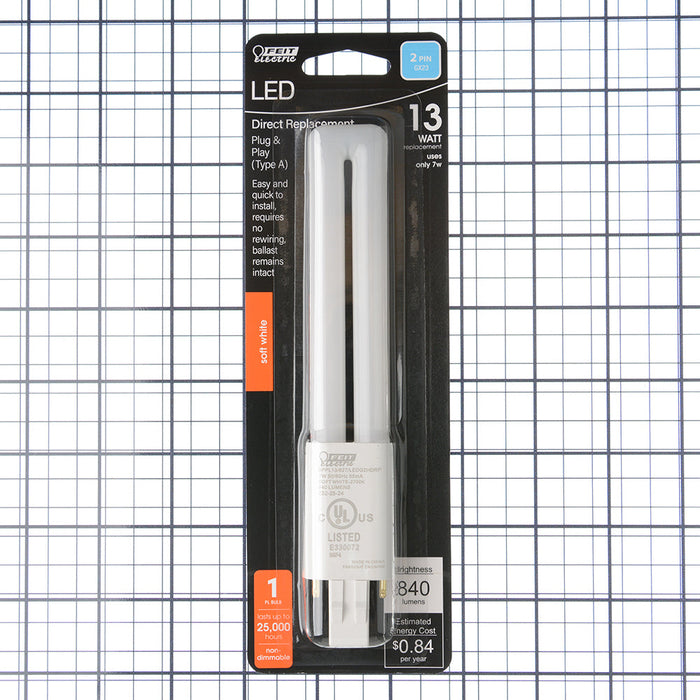 Feit Electric 7W [13W Equivalent] Soft White 2700K PL GX23 Base Direct Replacement Type A Twin Tube LED Light Bulb (BPPL13/827/LEDG2HDRP)