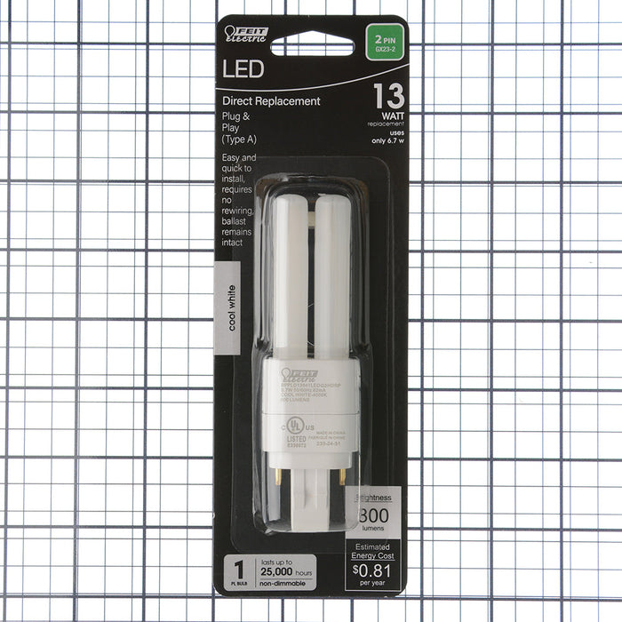 Feit Electric 6.7W [13W Equivalent] Cool White 4000K GX23-2 Base Direct Replacement Type A Double Twin Tube PL LED Bulb (BPPLD13841LEDG2HDRP)