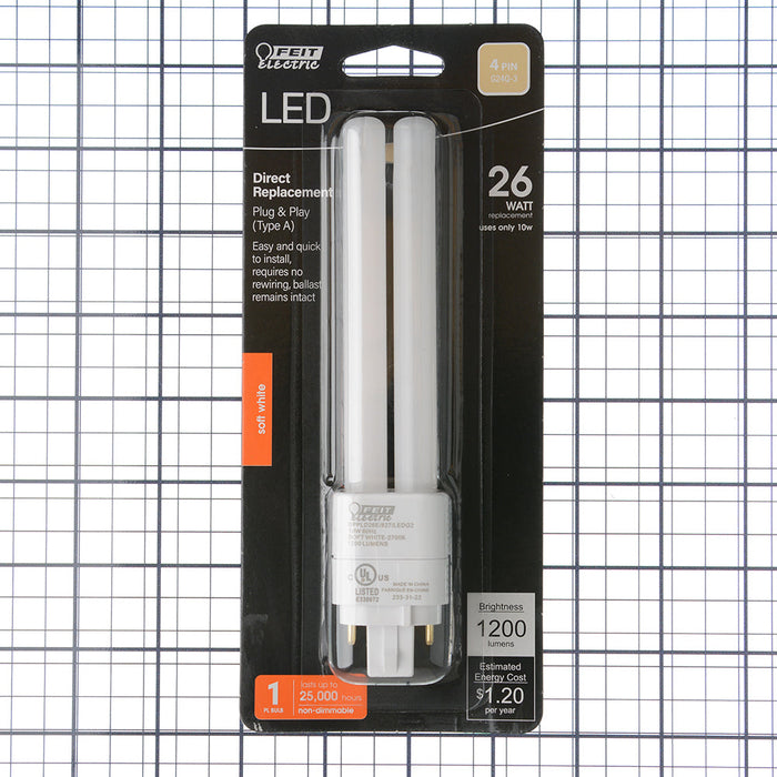 Feit Electric 10W [26W Equivalent] Soft White 2700K G24q 4 Pin Direct Replacement Type A LED PL Bulb (BPPLD26E/827/LEDG2)