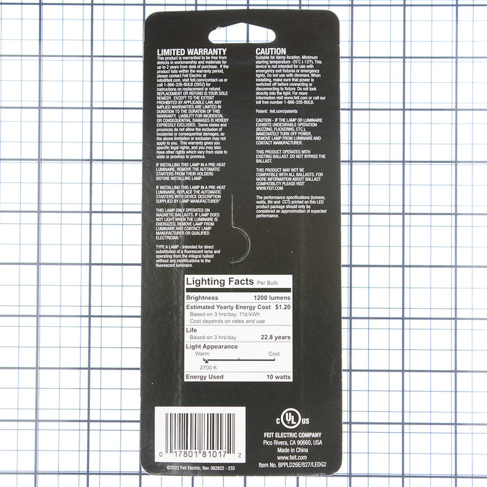 Feit Electric 10W [26W Equivalent] Soft White 2700K G24q 4 Pin Direct Replacement Type A LED PL Bulb (BPPLD26E/827/LEDG2)