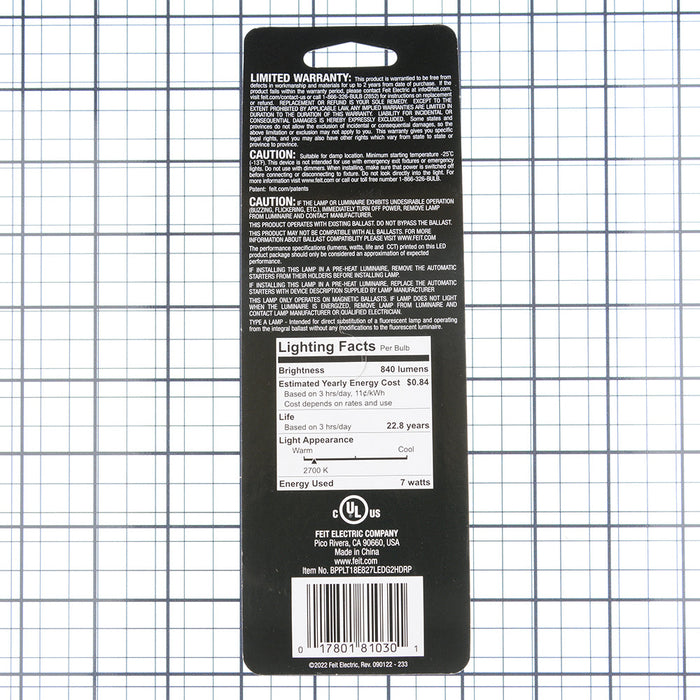 Feit Electric 7W [18W Equivalent] Soft White 2700K GX24Q-2 Base Direct Replacement Type A Triple Tube PL LED Bulb (BPPLT18E827LEDG2HDRP)