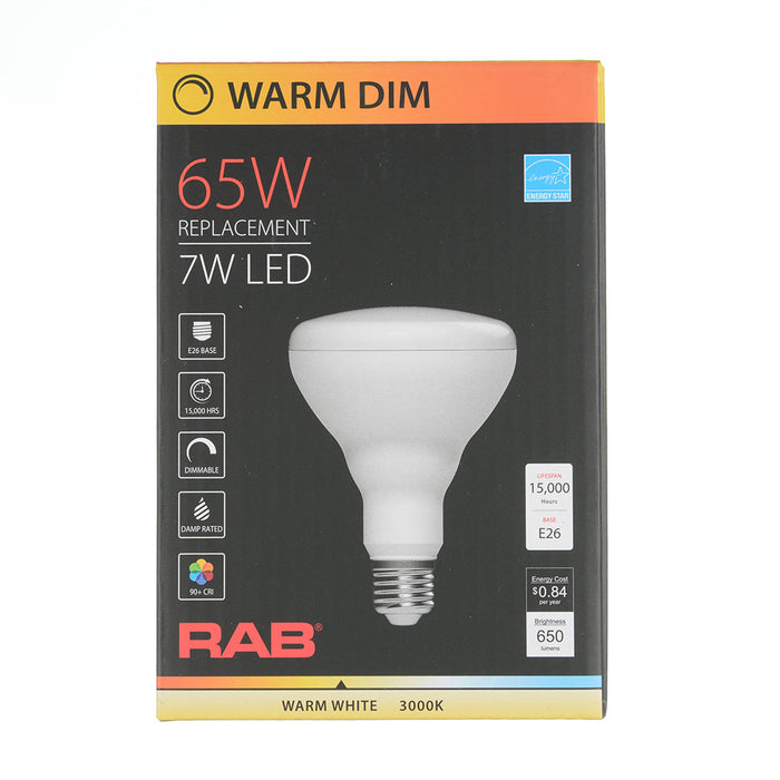 RAB BR30 7W 75W Equivalent 650Lm E26 Base 90 CRI 2200K-3000K Dimmable (BR30-7-922/30-WGD)