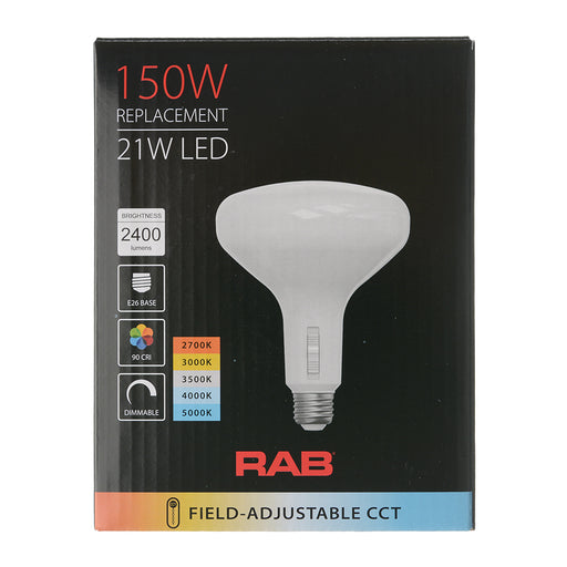 RAB 21W LED BR40 Reflector Bulb CCT Selectable 2700K/3000K/3500K/4000K/5000K 90 CRI 120V E26 Base (BR40-21-9CCT-DIM)
