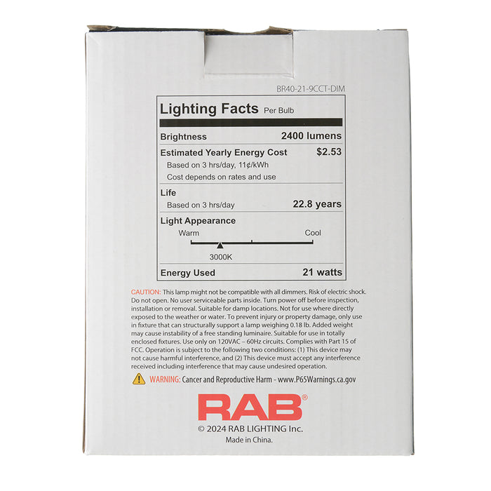 RAB 21W LED BR40 Reflector Bulb CCT Selectable 2700K/3000K/3500K/4000K/5000K 90 CRI 120V E26 Base (BR40-21-9CCT-DIM)