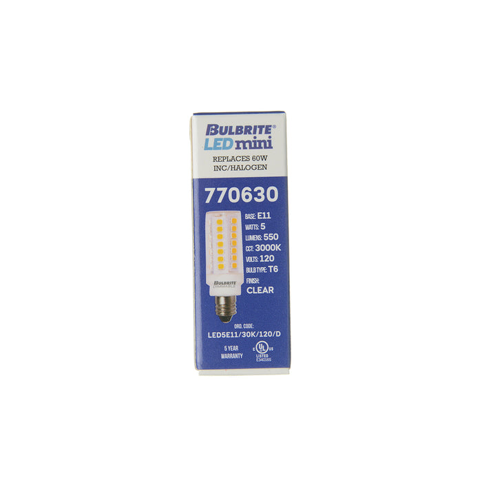 Bulbrite LED5E11/30K/120/D 5W LED E11 Clear 3000K 120V Dimmable (770630)