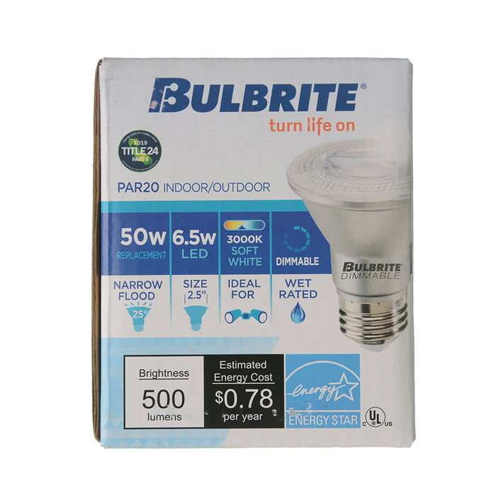 Bulbrite LED6PAR20/NFL25/930/WD/2 6.5W LED PAR20 3000K 90 CRI Narrow Flood Wet Location Dimmable (772265)