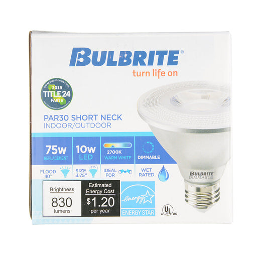 Bulbrite LED10PAR30S/FL40/927/WD/2 10W LED PAR30 Short Neck 2700K 90 CRI Flood Wet Location Dimmable (772274)