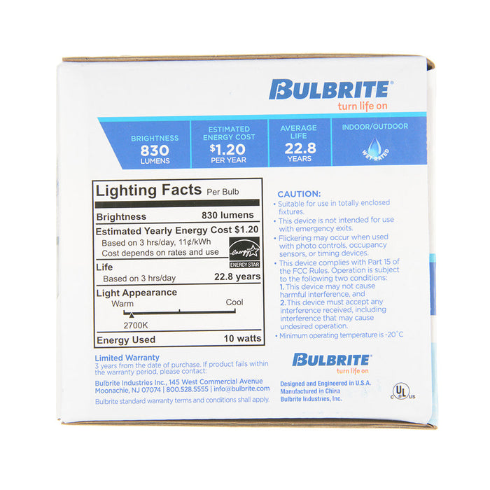 Bulbrite LED10PAR30S/FL40/927/WD/2 10W LED PAR30 Short Neck 2700K 90 CRI Flood Wet Location Dimmable (772274)