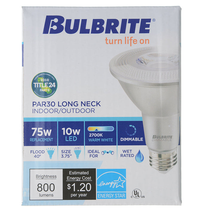 Bulbrite LED10PAR30L/FL40/927/WD/2 10W LED PAR30 Long Neck 2700K 90 CRI Flood Wet Location Dimmable (772286)