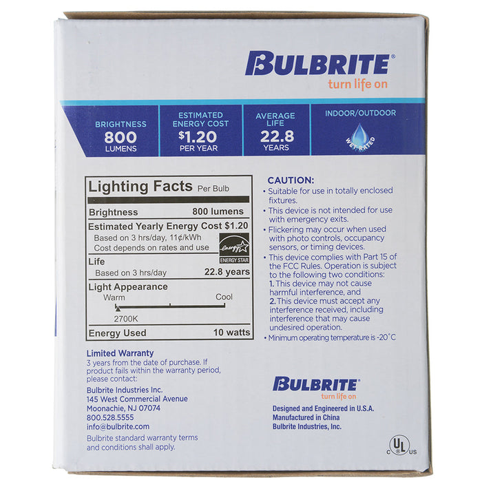 Bulbrite LED10PAR30L/FL40/927/WD/2 10W LED PAR30 Long Neck 2700K 90 CRI Flood Wet Location Dimmable (772286)