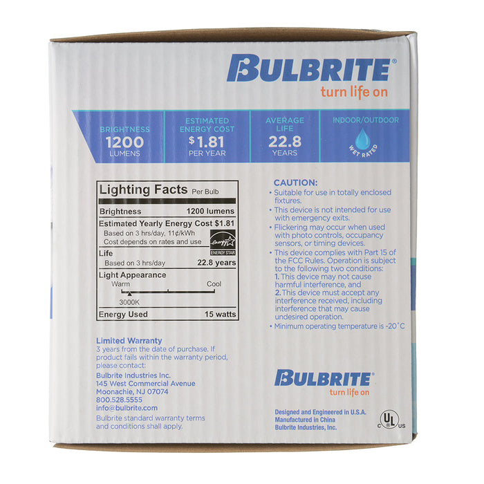 Bulbrite LED15PAR38/NF25/930/WD/2 15W LED PAR38 3000K 90 CRI Narrow Flood Wet Location Dimmable (772301)