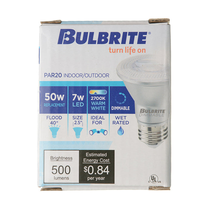 Bulbrite LED7PAR20/FL40/827/WD/2 7W LED PAR20 2700K Flood 80 CRI Wet Location Dimmable (772752)