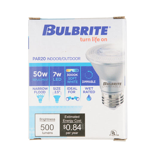 Bulbrite LED7PAR20/NF25/830/WD/2 7W LED PAR20 3000K Narrow Flood 80 CRI Wet Location Dimmable (772755)