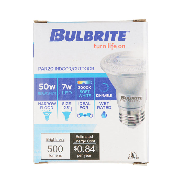 Bulbrite LED7PAR20/NF25/830/WD/2 7W LED PAR20 3000K Narrow Flood 80 CRI Wet Location Dimmable (772755)