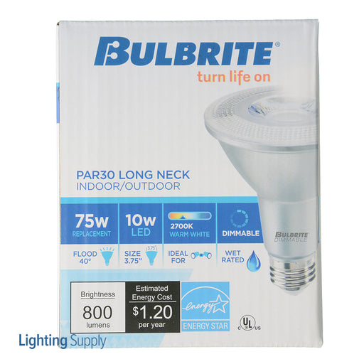 Bulbrite LED10PAR30L/FL40/827/WD/2 10W LED PAR30 Long Neck 2700K Flood 80 CRI Wet Location Dimmable (772776)