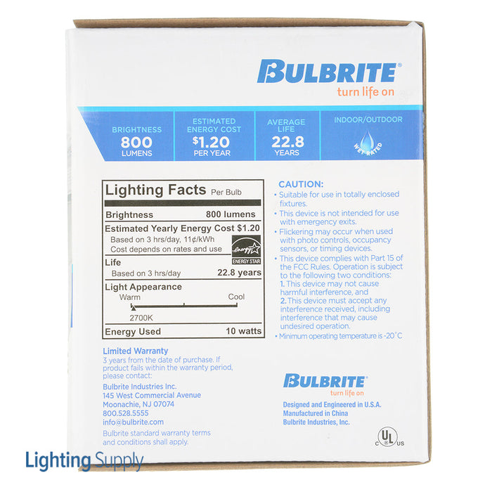 Bulbrite LED10PAR30L/FL40/827/WD/2 10W LED PAR30 Long Neck 2700K Flood 80 CRI Wet Location Dimmable (772776)
