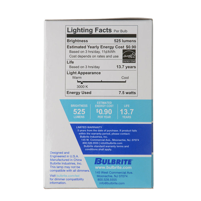 Bulbrite LED7R20/830/D/4 7.5W LED R20 3000K E26 Base 120V (772865)