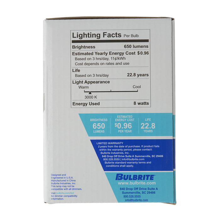 Bulbrite LED8BR30/830/D/4 8W LED BR30 3000K E26 Base 120V (772871)