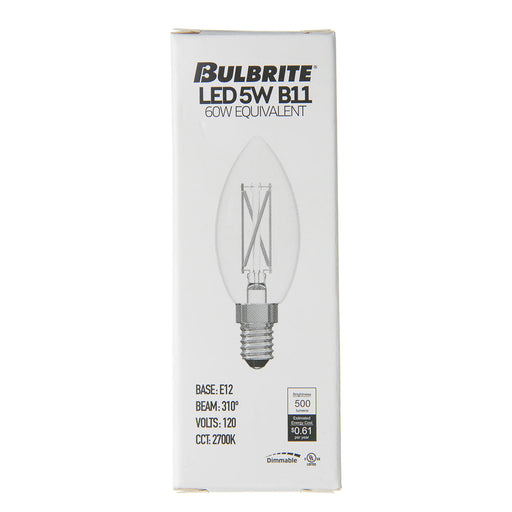 Bulbrite LED5B11/27K/FIL/D/B/2 5W LED B11 Filament Bulb 2700K 500Lm 120V E12 Base Clear (776203)