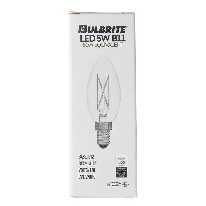 Bulbrite LED5B11/27K/FIL/D/B/2 5W LED B11 Filament Bulb 2700K 500Lm 120V E12 Base Clear (776203)