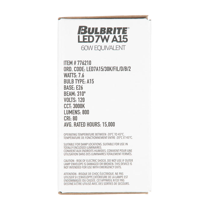 Bulbrite LED7A15/30K/FIL/D/B/2 7W LED A15 Filament Bulb Medium E26 Base 3000K 800Lm 120V Clear (776210)