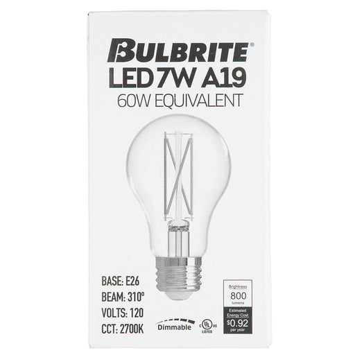 Bulbrite LED7A19/27K/FIL/D/B/2 7W LED Filament A19 Bulb 2700K 800Lm 120V Dimmable Medium E26 Base Clear (776212)