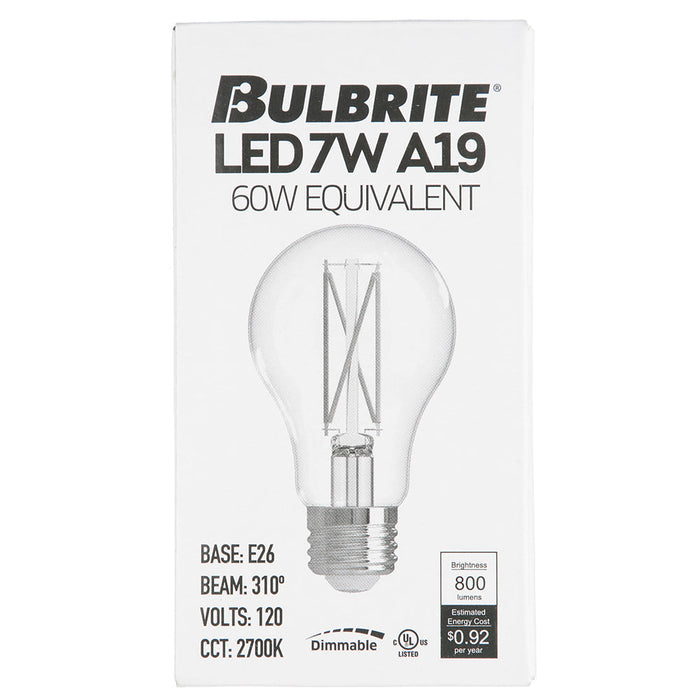 Bulbrite LED7A19/27K/FIL/D/B/2 7W LED Filament A19 Bulb 2700K 800Lm 120V Dimmable Medium E26 Base Clear (776212)