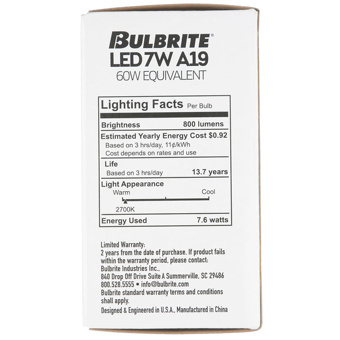 Bulbrite LED7A19/27K/FIL/D/B/2 7W LED Filament A19 Bulb 2700K 800Lm 120V Dimmable Medium E26 Base Clear (776212)