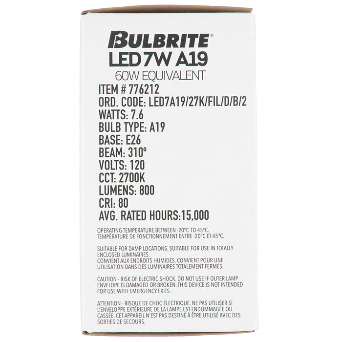 Bulbrite LED7A19/27K/FIL/D/B/2 7W LED Filament A19 Bulb 2700K 800Lm 120V Dimmable Medium E26 Base Clear (776212)