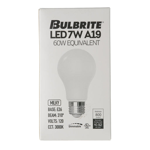 Bulbrite LED7A19/30K/FIL/M/D/B/2 7.6W LED A19 Filament Bulb E26 Base 3000K 800Lm 120V 80 CRI 310 Degree Beam Angle Dimmable Milky (776215)