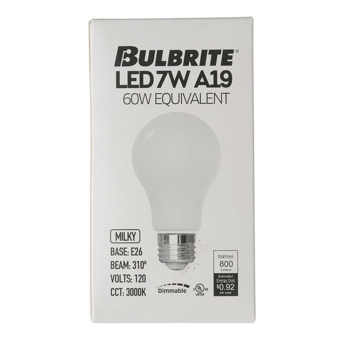 Bulbrite LED7A19/30K/FIL/M/D/B/2 7.6W LED A19 Filament Bulb E26 Base 3000K 800Lm 120V 80 CRI 310 Degree Beam Angle Dimmable Milky (776215)