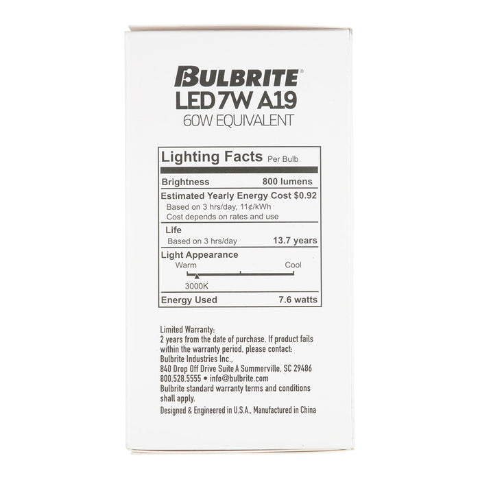 Bulbrite LED7A19/30K/FIL/M/D/B/2 7.6W LED A19 Filament Bulb E26 Base 3000K 800Lm 120V 80 CRI 310 Degree Beam Angle Dimmable Milky (776215)